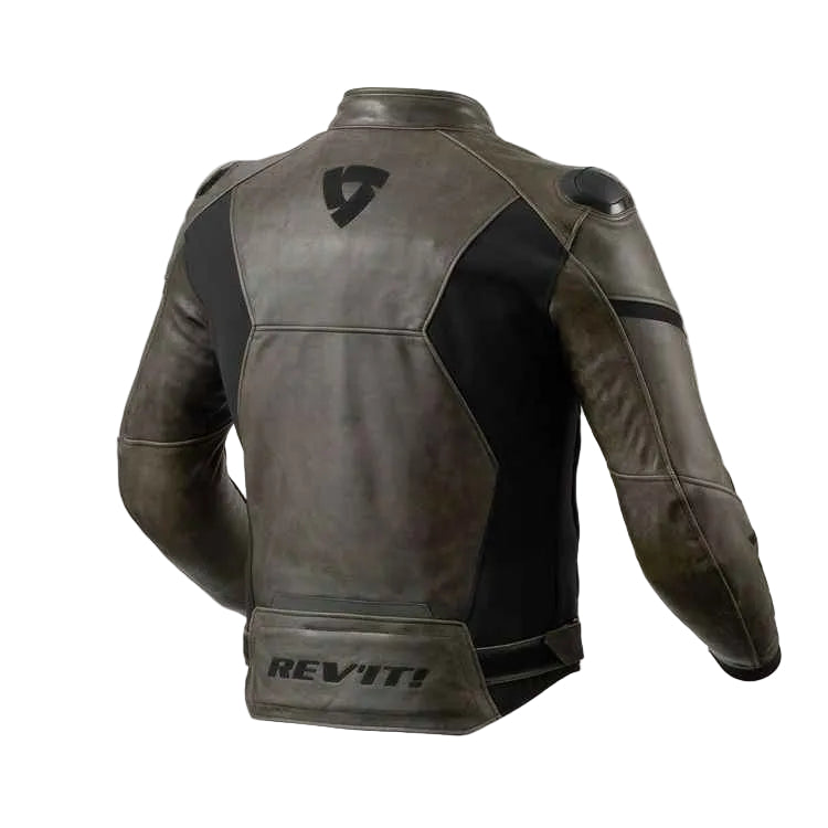 Back view of a leather jacket with a visible brand logo on a white background