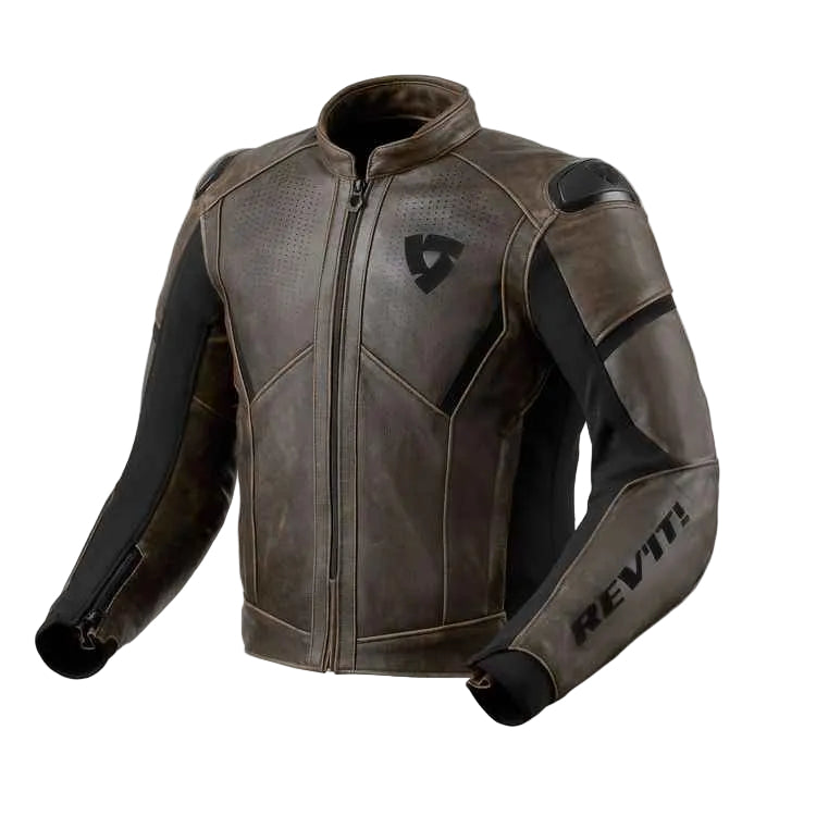 A dark brown and black leather motorcycle jacket with a distressed finish, featuring a black shield logo on the left chest and 'REV'ITI' text on the right sleeve, shown against a light beige background.