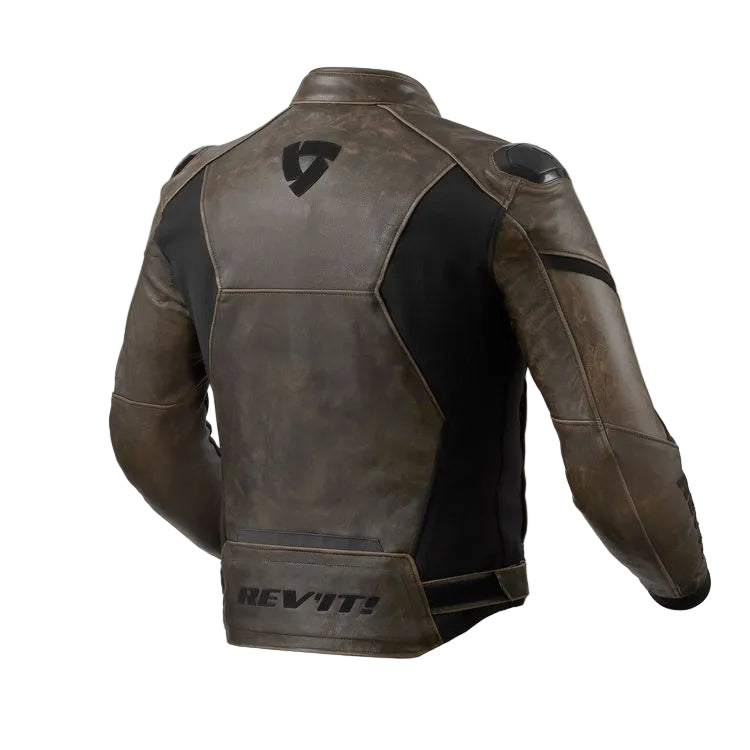 Brown leather jacket with black accents on a white background, featuring the Rev'it! brand.
