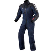 Navy and black motorcycle suit on a white background