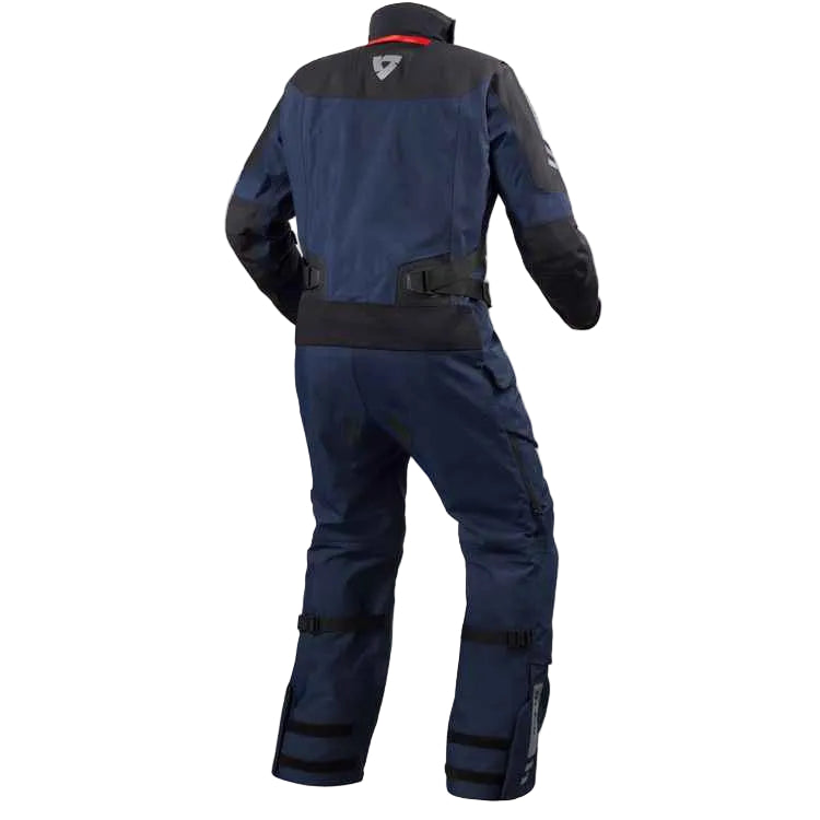 Navy blue and black motorcycle suit on a white background
