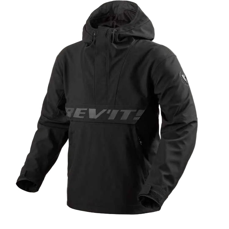 Black jacket with a hood on a white background, featuring the Rev'it! brand logo.