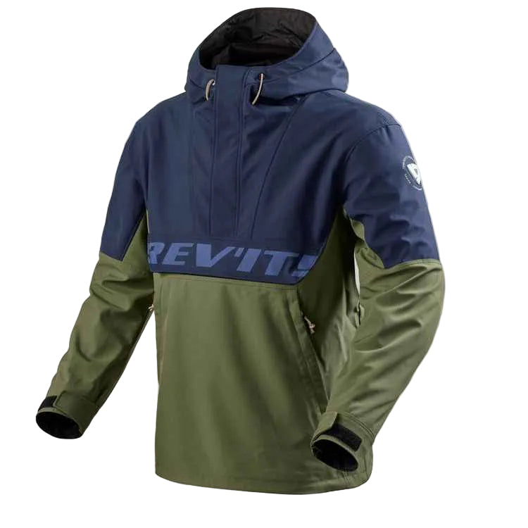 Two-tone jacket with navy and green colors on a white background, featuring the Rev'it logo.