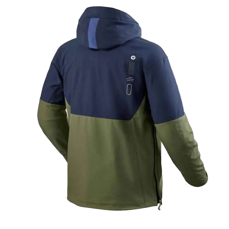 A color-blocked hooded jacket shown from the back, featuring a navy blue upper section, an olive green lower section, and a vertical navy stripe on the hood, set against a light beige background.