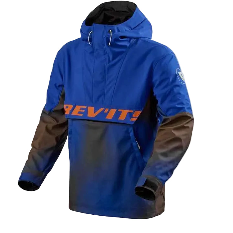A blue and brown gradient ski jacket with a black hood lining and a prominent orange 'REV'IT!' logo across the chest, displayed on a light beige background.