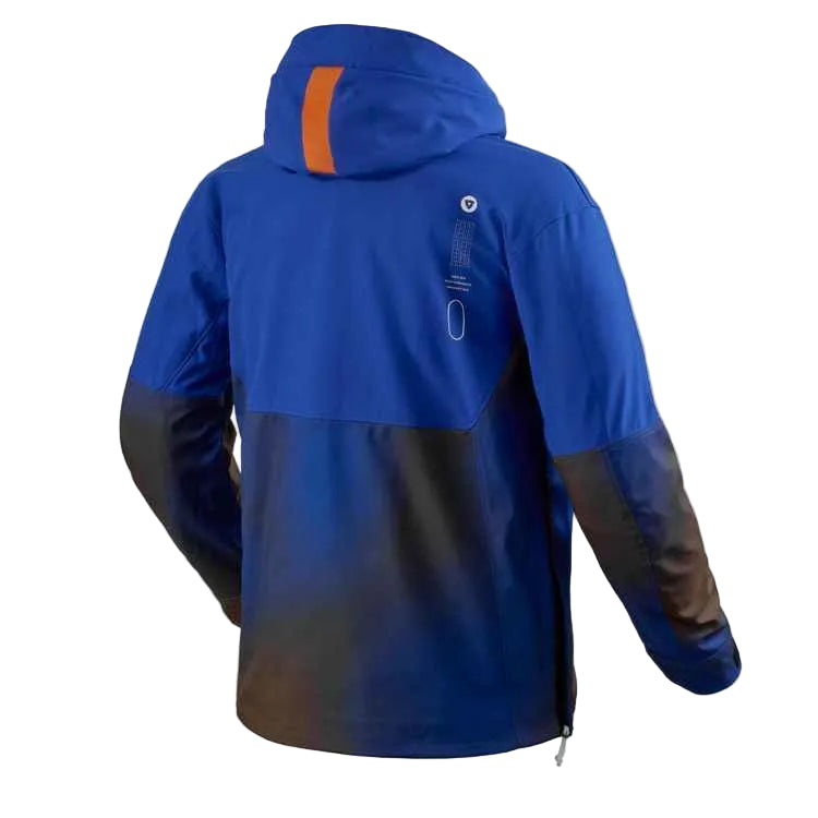 Blue and black jacket with orange accents on a white background
