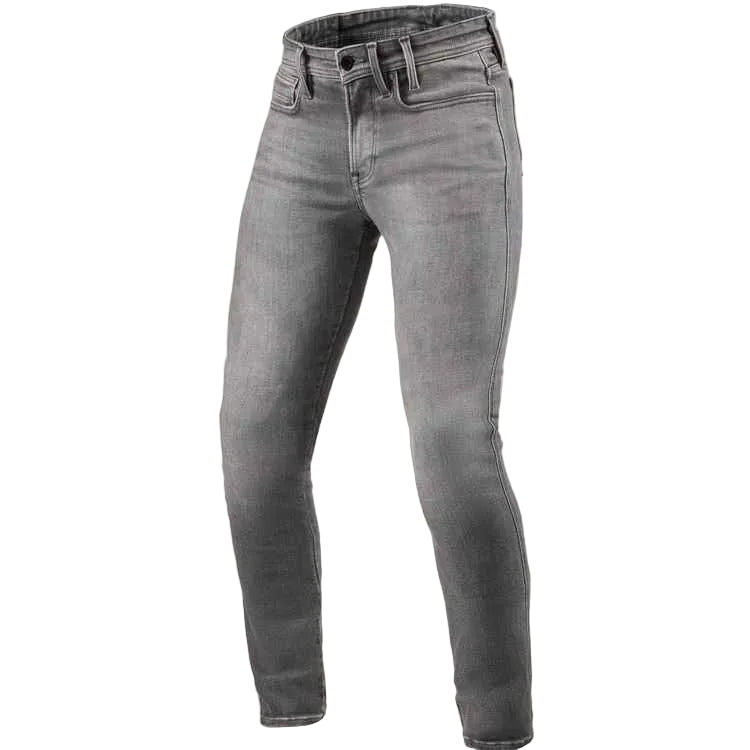 A pair of slim-fit gray denim jeans shown from the waist down on a light off-white background.