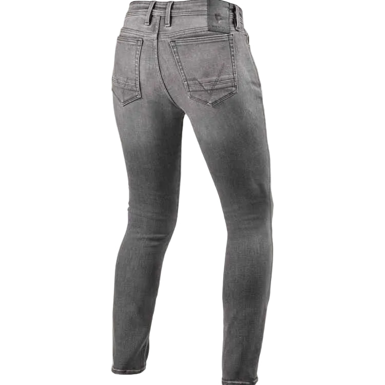 Gray slim-fit denim jeans shown from the back, featuring a classic five-pocket design and a faded wash, set against a plain light background.