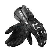 Black motorcycle gloves with 'REV'IT' branding on a white background
