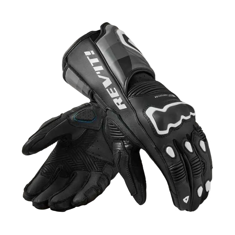 Black motorcycle gloves with 'REV'IT' branding on a white background