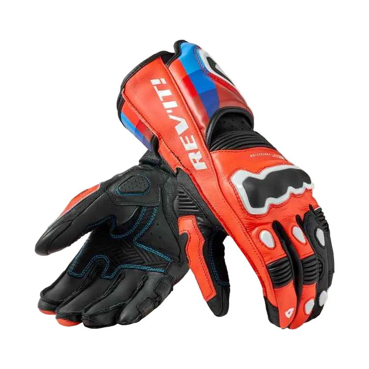 Pair of red and black gloves with 'REV'IT!' branding on a white background