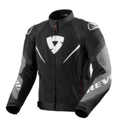 Black motorcycle jacket with white logo and branding on a light gray background