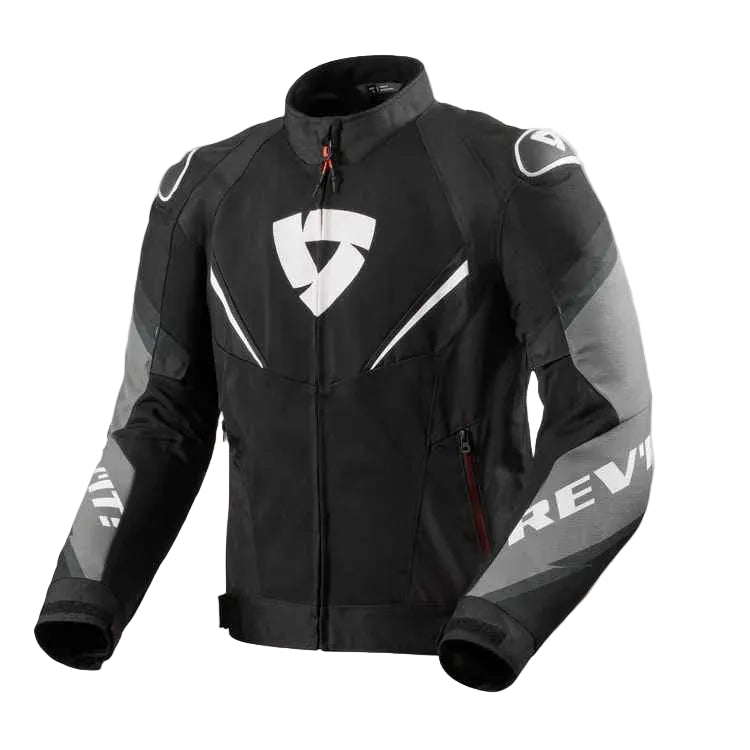 Black motorcycle jacket with white logo and branding on a light gray background