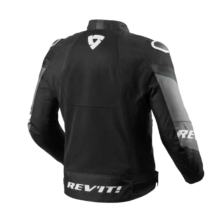 Black motorcycle jacket with 'REVIT!' branding on a white background