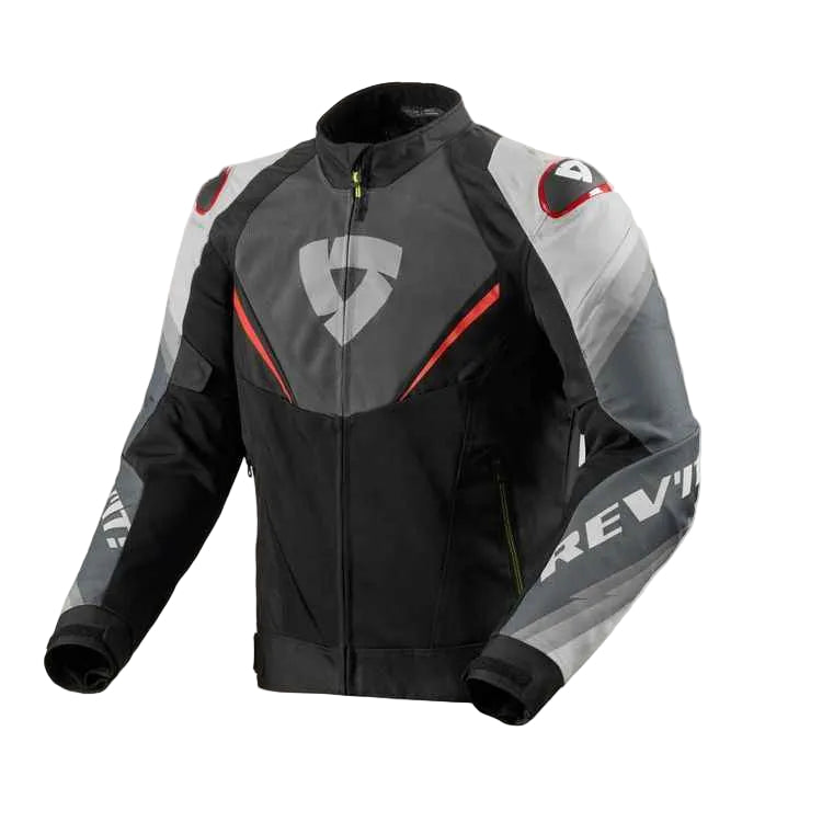 Black, gray, and red motorcycle jacket with brand logo on a white background