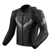Black and gray motorcycle jacket with brand logo on a light gray background