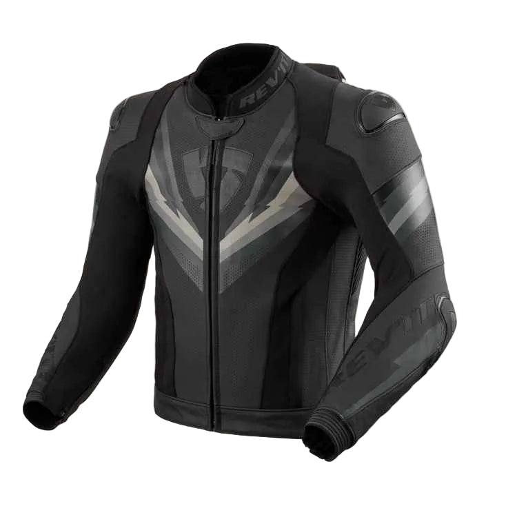 Black and gray motorcycle jacket with brand logo on a light gray background