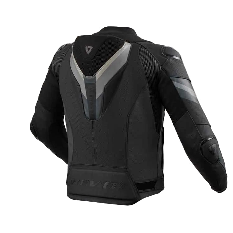 Black motorcycle jacket with gray accents on a white background