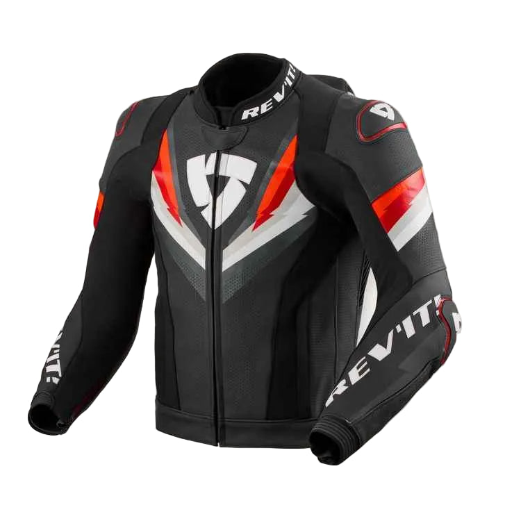 A black leather motorcycle jacket with red and white graphic accents, featuring the brand name REV'IT! on the collar, shoulders, and sleeves.