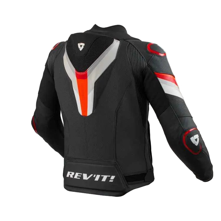 Black motorcycle jacket with red and white accents on a light gray background, featuring the Rev'it! brand.