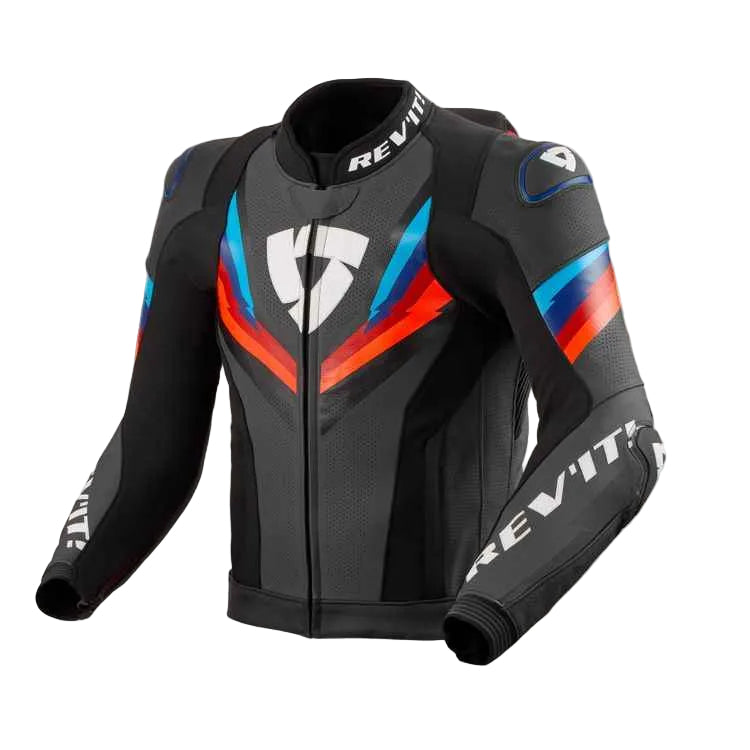 Black motorcycle jacket with colorful accents and 'Rev'it' branding on a white background