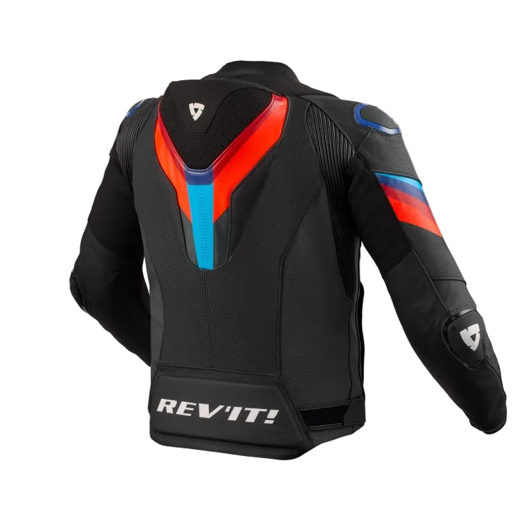 Black motorcycle jacket with red and blue accents on a white background, featuring the Revit brand.