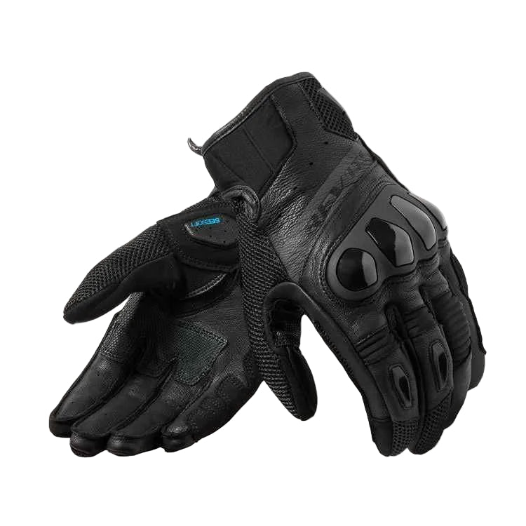 Pair of black motorcycle gloves on a white background