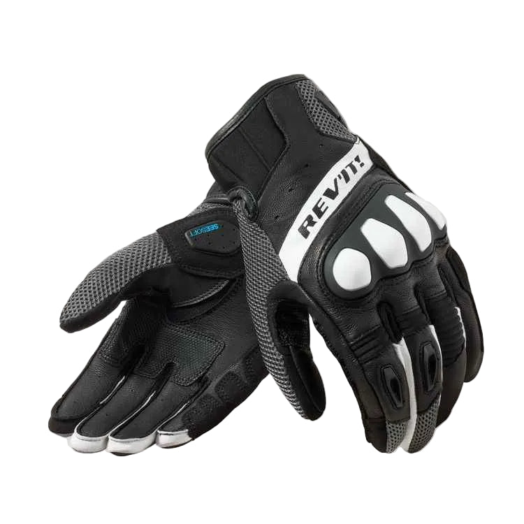 A pair of black and white REV'IT! motorcycle gloves shown against a light beige background, displaying both the back of one glove and the palm of the other.