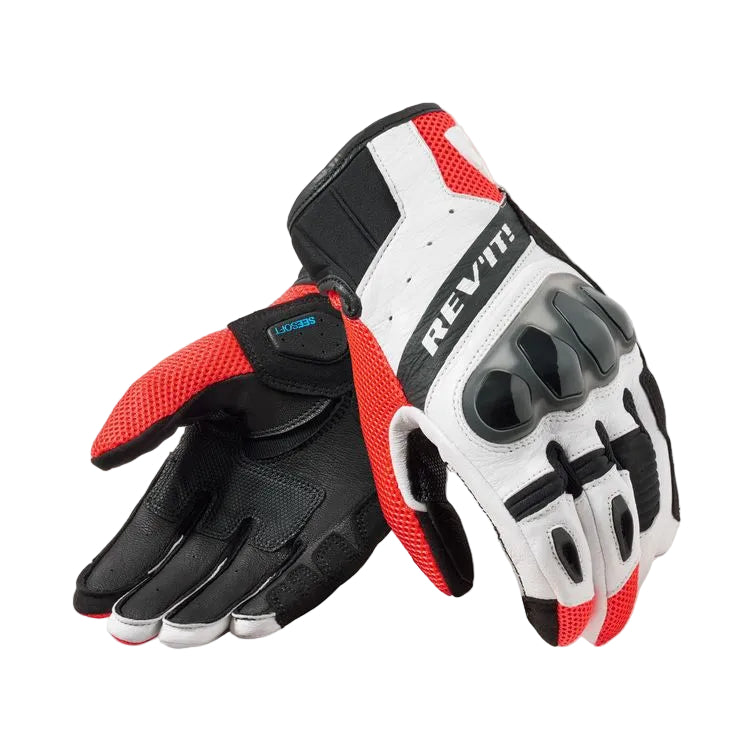 Pair of black, red, and white gloves with 'REV'IT!' branding on a light gray background