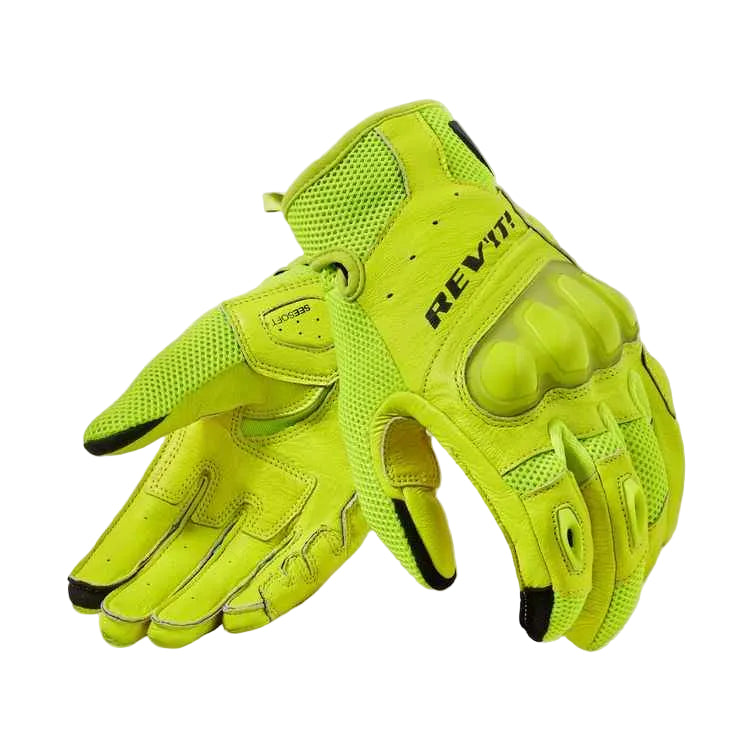 Pair of bright yellow gloves with 'REV'IT' branding on a white background