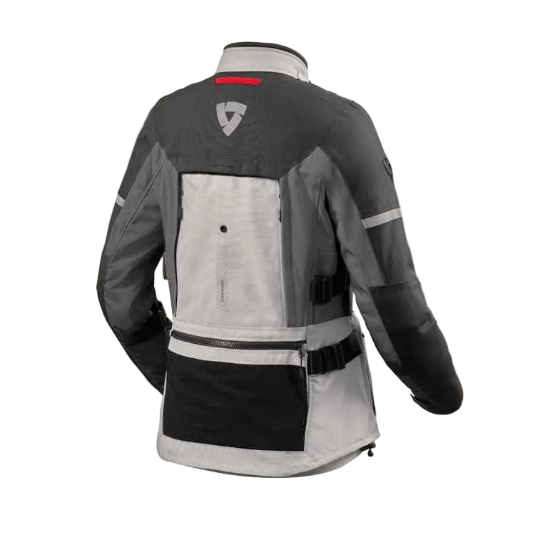 Rimac motorcycle jacket shown from the back, featuring a dark gray and light gray color-blocked design with a small red accent at the collar and a gray Rimac shield logo on the upper back.