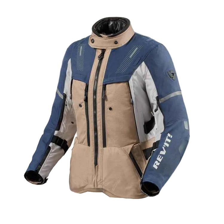 Multicolored jacket with blue, beige, and gray sections on a white background