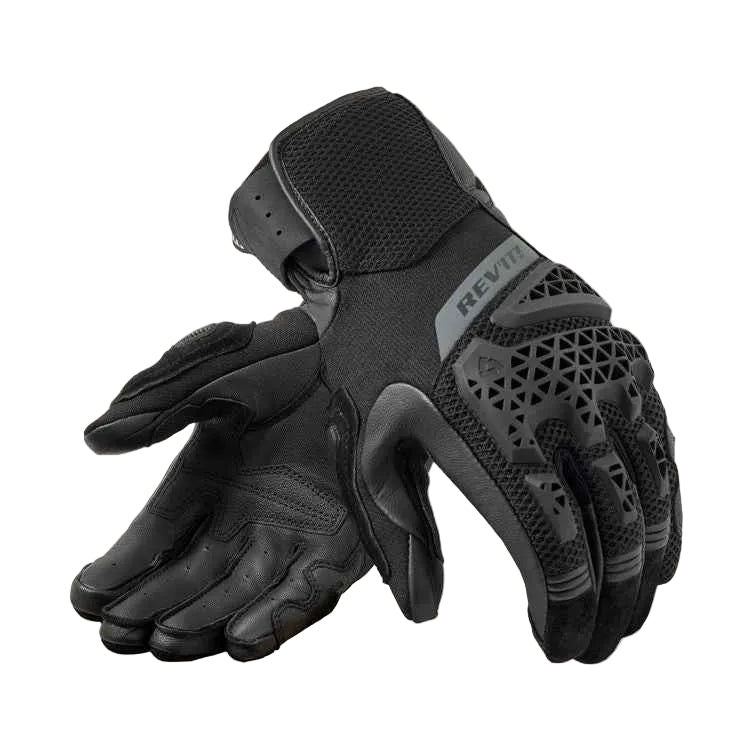 Black motorcycle gloves withREV'IT branding on a white background