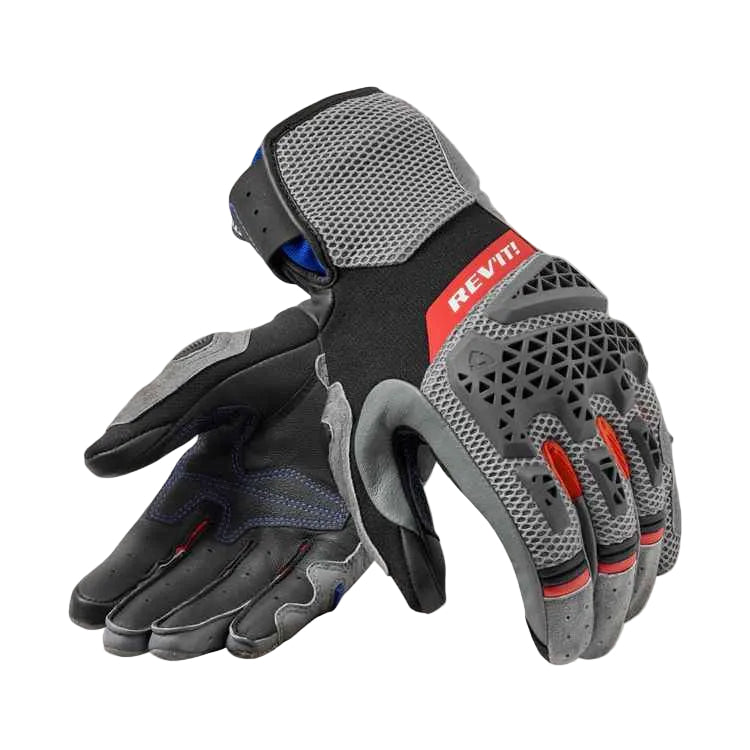 Pair of black and gray gloves with red accents on a white background, featuring the Rev'it logo.