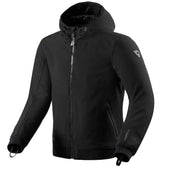 Black jacket with a brand logo on a light gray background