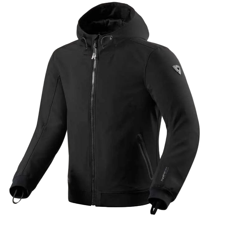 Black jacket with a brand logo on a light gray background