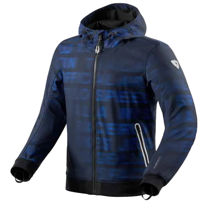 Blue and black patterned jacket with a brand logo on a white background