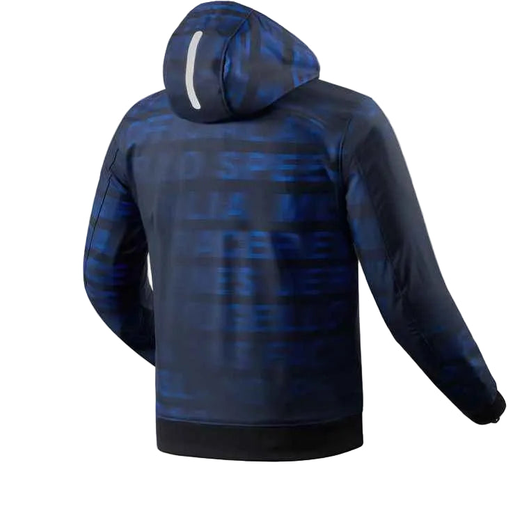 A dark navy blue hooded jacket shown from the back, featuring an all-over tonal pattern of racing driver names including Lewis Hamilton, Fernando Alonso, and Sebastian Vettel, with a white reflective strip on the hood.