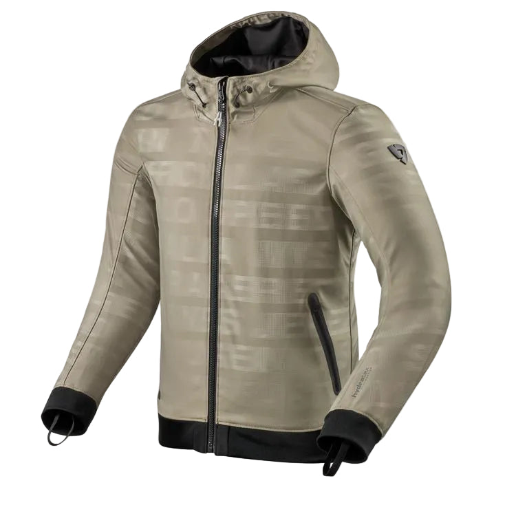 Beige jacket with black accents on a white background