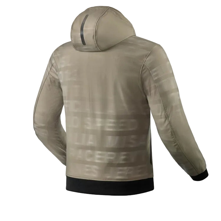 Beige jacket with text pattern on a white background