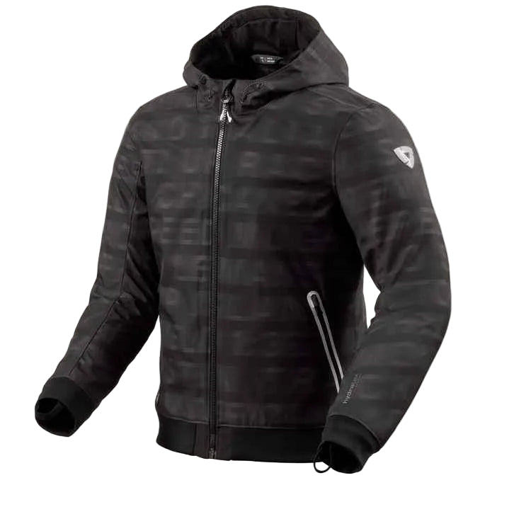Black hooded jacket with a brand logo on a light gray background