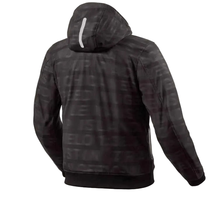 Black hoodie with text pattern on the back against a white background