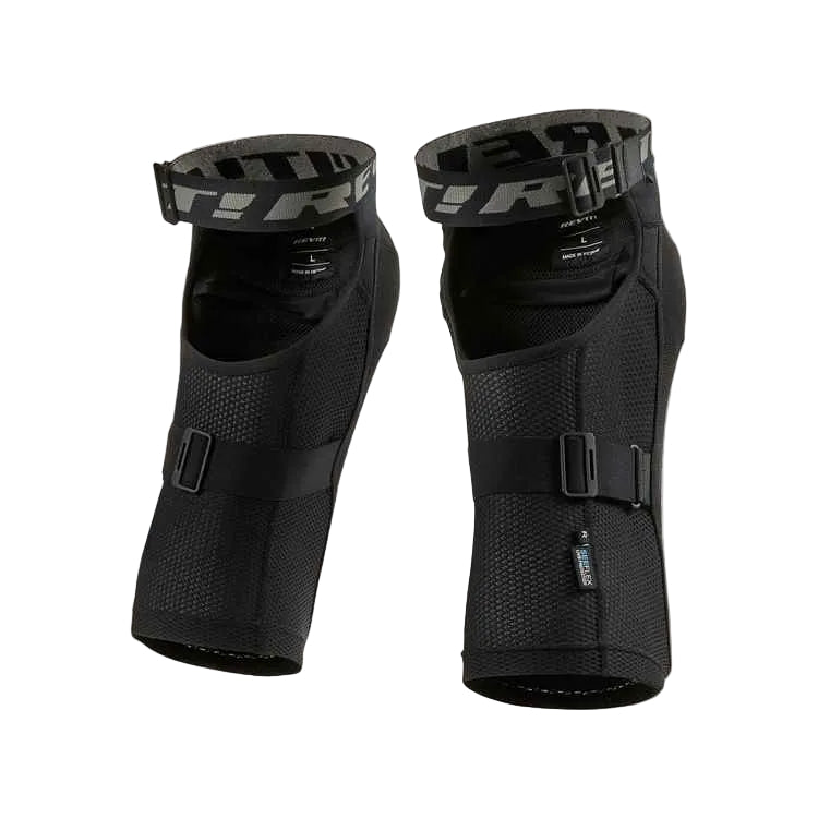 A pair of black knee pads with adjustable straps and mesh panels, displayed on a light beige background.