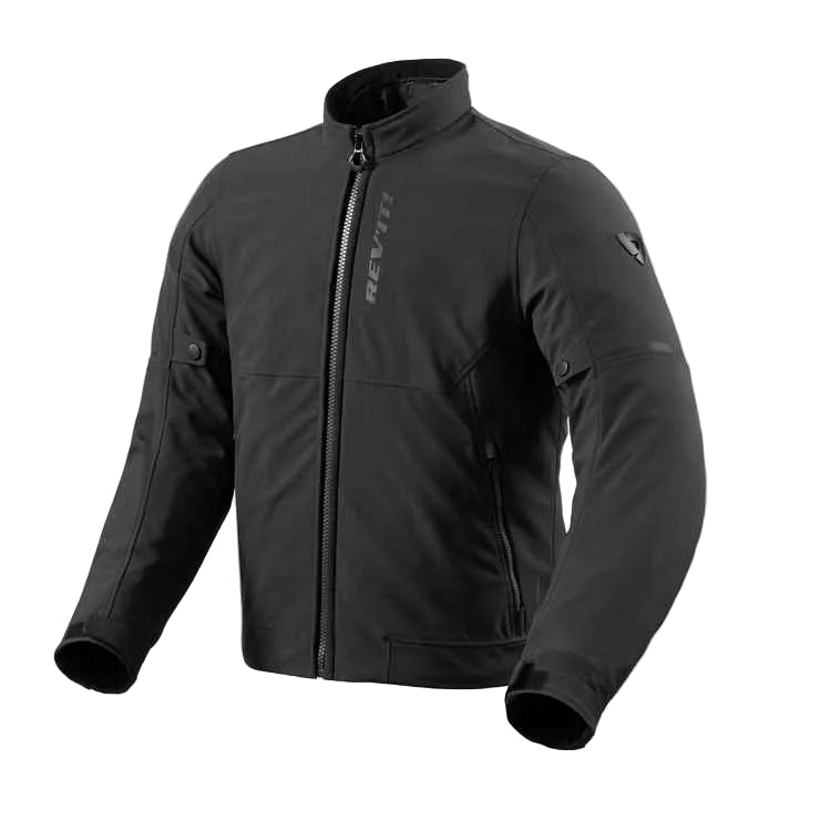 Black jacket with brand logo on a light gray background