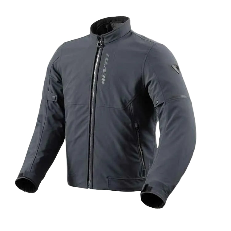 Gray motorcycle jacket with brand logo on a light gray background