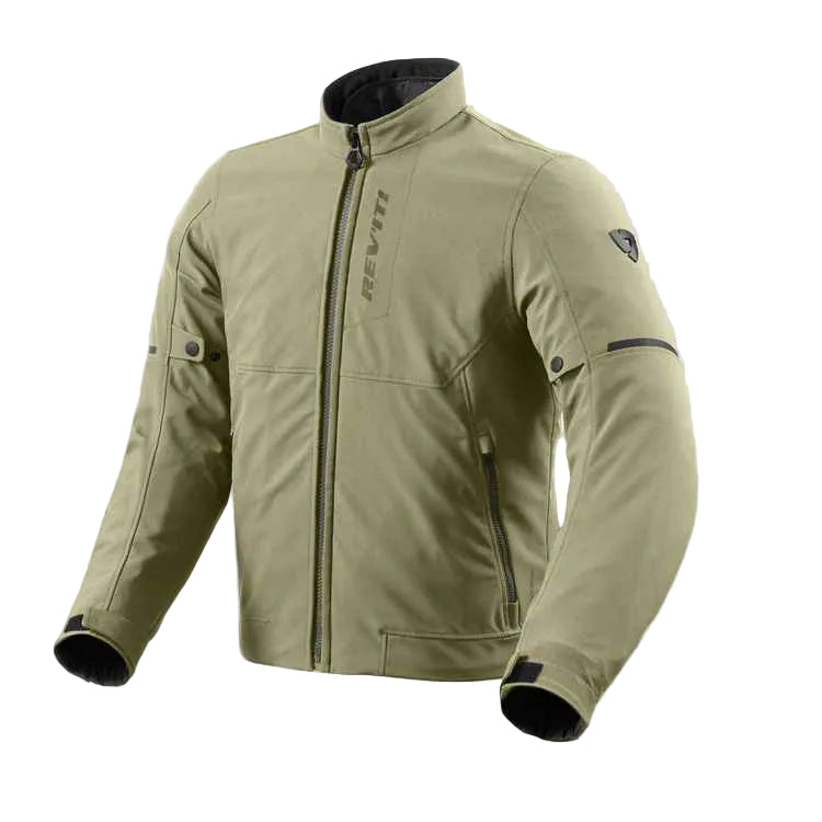 An olive green Revvit motorcycle jacket with black accents, including the zipper, interior lining, and cuffs, displayed on a light beige background.