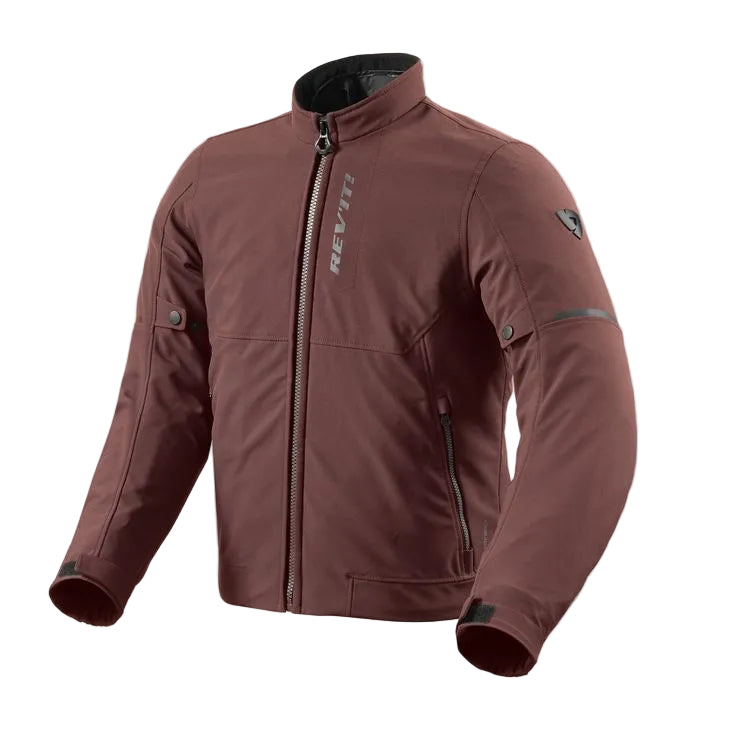Brown motorcycle jacket with brand logo on a light gray background