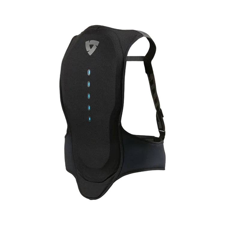 A black Motorcycle Back protector with a Rev'It! shield logo on the upper back and four small blue reflective dots on the front, shown against a white background.