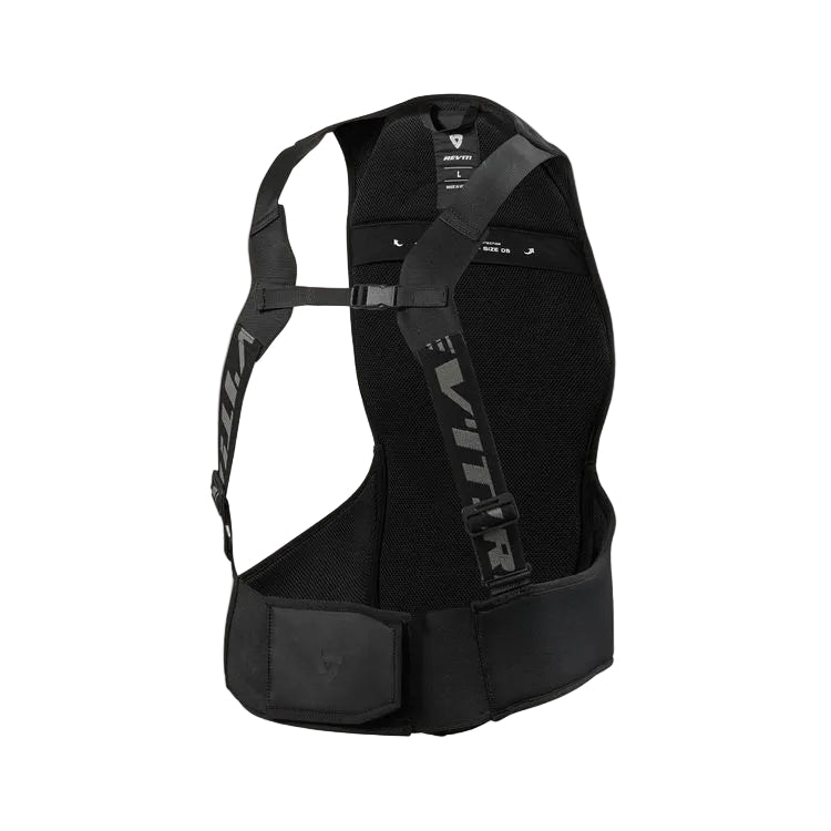 Black protective back support vest on a White background
