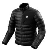 Black puffer jacket with a brand logo on a light gray background